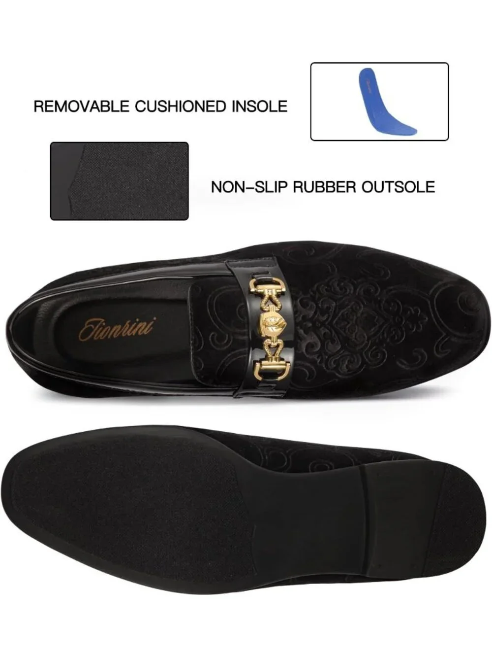 Jionrini Men's Black Velvet Loafers Gold Buckle Penny Slip On Classical Shoes